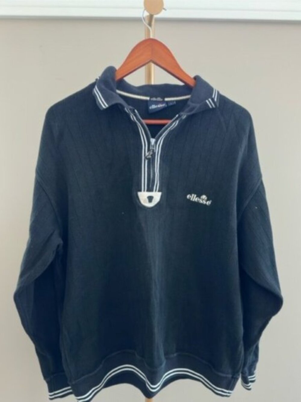 Ellesse Vintage Quarter Zip Pullover Sweatshirt Black White Men’s Large